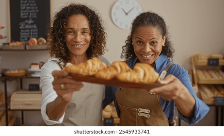 Women bakers smiling in bakery holding tray of freshly baked croissants in cheerful, inviting shop interior featuring bread shelves and wall clock in background - Powered by Shutterstock