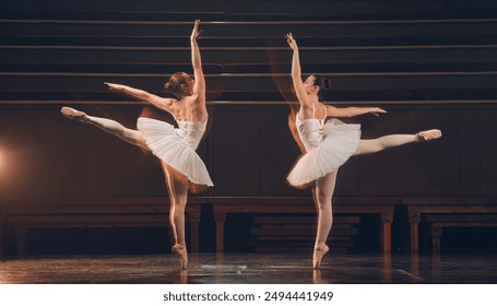 Women, ballet and stage for artistic dance, creative and practice performance in rehearsal. People, double exposure and balance in physical technique, students and team training on theatre platform - Powered by Shutterstock