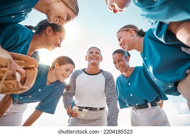 Women, baseball and team with coach smile, happy and support during conversation on game strategy or sports from below with blue sky. Teamwork, collaboration and coaching to win, success and winner - Powered by Shutterstock