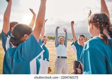 Women, Baseball Team And Coach In Success, Winner Or Wow Celebration In Game Motivation On Fitness Field. Smile, Happy Or Excited Sports Girls In Collaboration Exercise, Teamwork Training Or Exercise