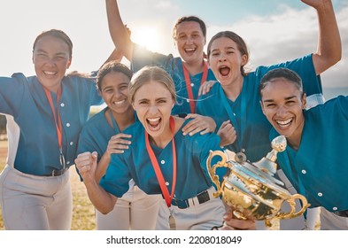 Women Baseball Team Portrait, Winning Trophy Celebration And Sports Success, Champion And Competition Achievement. Happy Girls Softball Players, Winners Group And Excited Athletes Holding Award Prize