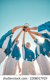 Women baseball, team trophy and winning celebration for success in sports, championship or competition achievement. Happy girl softball players, winner group and excited athletes holding award prize - Shutterstock ID 2208017929
