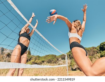 Women, Beach Volleyball And Jump Hit With Ball In Fitness, Exercise Or Training Competition In Miami, Florida. Sports Friends Or Team In Summer Workout Challenge In Bikini For Wellness Or Health Game