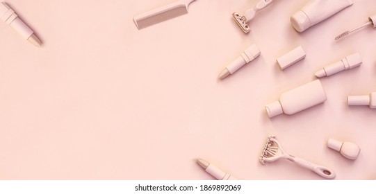 Women Beauty And Health Concept. Various Shaving And Beauty Care Accessories Placed On Pink Pastel Background