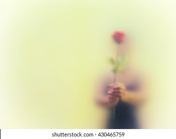Women Behind Frosted Glass Holding A Red Rose,  Disclosure Her Face,  Conveyed Secretly In Love With Someone./ Crush On You