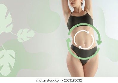 Women belly with drawing arrows. Fat lose, liposuction and cellulite removal concept. Good and fast metabolic problem. Lifting, bodycare and healthy lifestyle concepts. Caucasian young woman as model - Shutterstock ID 2003190032