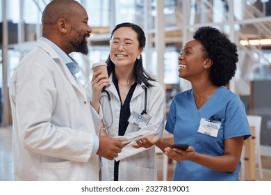 Women, black man and doctors in a meeting, planning and discussion with happiness, hospital and teamwork. Male person, staff and medical professional with conversation, healthcare and collaboration - Powered by Shutterstock