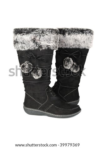 Women black winter chamois boots with gray fur Isolate on white.
