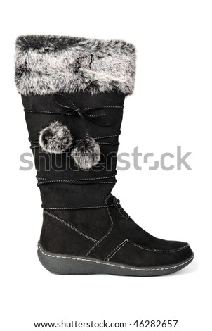 Women black winter chamois one boot with gray fur Isolate on white.