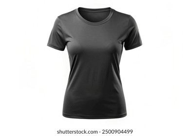 Women blank black t-shirt mockup isolated on white background. Female Tee Shirt Mockup for design. Front view, Mannequin female t shirt template, Female empty t-shirt template invisible model