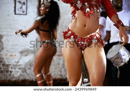 Women, body and samba dancer for performance with smile or passion, fashion and drums for music in Brazil. Closeup, costume and drummer in concert or club with entertainment, celebration and heritage