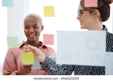 Women, brainstorming or writing ideas on glass wall, paper and sticky note for planning or teamwork in office Creative project, agenda and designer in startup for strategy or storyboard with schedule - Powered by Shutterstock