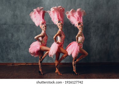 Women In Cabaret Costume With Pink Feathers Plumage Dancing Samba