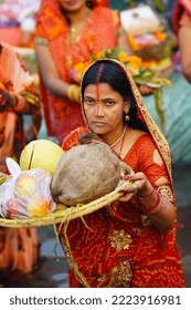 Women Celebrating Chhath Pooja After Diwali.Nangloi, Delhi, India- 22 October 2022: