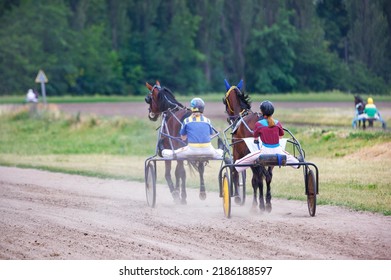 Women chariot riders train and warm up their horses by running on a summer day. Copy space.