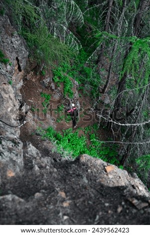 Women Climber on a Via Ferrata Fixed Rope Climbing Rout decending in a forest environment