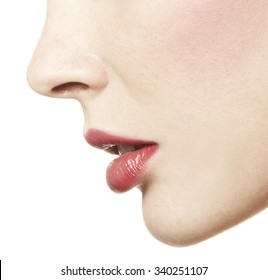 Women Close Up Profile Nose And Mouth With Red Lipstick