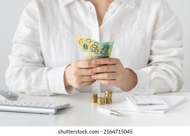 Women Counting Calculating Australian Dollar Currency 