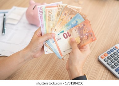 Women Counting Euro Money Banknote. Concept Of Home Finance, Personal Loan,insurance Claim.