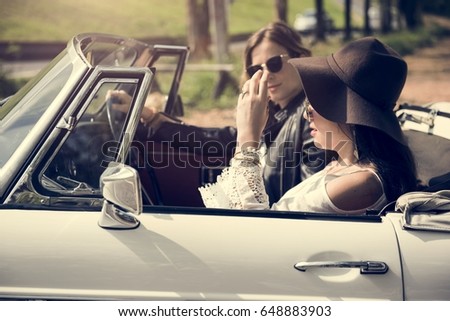 Similar – Image, Stock Photo Woman looking through the binoculars and friend driving