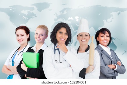 Women In Different Careers Smiling Together On World Map Background