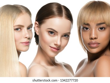 Women different skin tone color and hairstyle ethnic beauty, beautiful different models group isolated on white