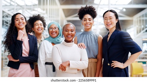 Women, diversity and empowerment, portrait of team in HR department at creative marketing startup company. Teamwork, power and confident group of happy women with smile and leadership human resources - Powered by Shutterstock