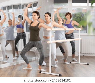 Women doing ballet at group amateurs training session in the studio performs demi plie near the ballet barre, standing in a ballet stance - Powered by Shutterstock