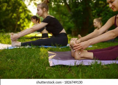 Women Doing Exercise On Mats, Group Yoga In Park