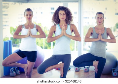 Women doing tree pose in fitness studio