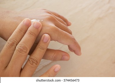 Women Dry Hands, Apply Skin Care Or Lotion