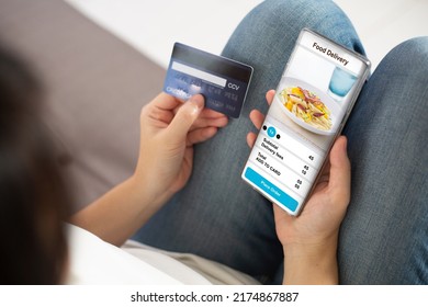 Women During Confirm Food Delivery Online Order Using Mobile Phone Smartphone At Home. Person Using Smartphone Order Food From Restaurant To Home Front Door. Concept