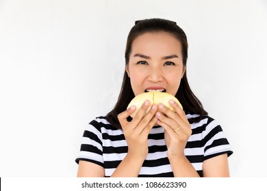 Women Eating Durian With Happy On White