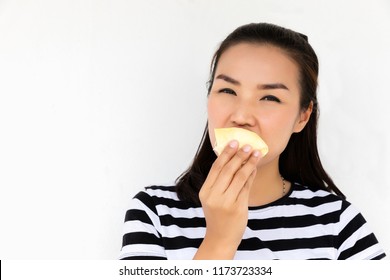 Women Eating Durian With Happy On White