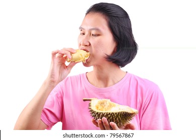 Women Eating Durian Isolate On White