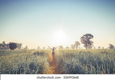 Women enjoying nature in meadow. Outstretched arms fresh morning air summer Field at sunrise.