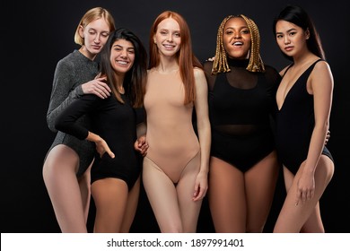 Women Enjoying Their Body Size And Type, Beautiful Women In Bodysuits Have No Complexes About Their Appearance, Do Not Find Fault With Himself