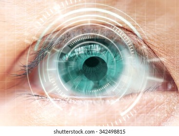 Women eye cataract, contact lens, futuristic, digital, technology.
