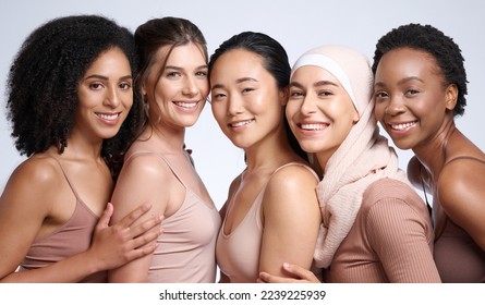 Women face, studio beauty and diversity, global community and support with self love, wellness and healthy skincare. Portrait, group inclusion and female models in solidarity of international culture - Shutterstock ID 2239225939