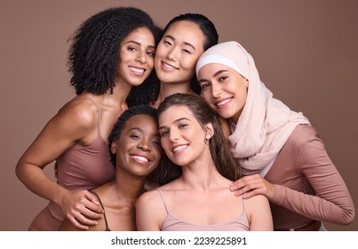 Women, faces or diversity on studio background in empowerment trust, solidarity support or community self love. Portrait, smile or group beauty models, happy facial expression or religion acceptance - Shutterstock ID 2239225891