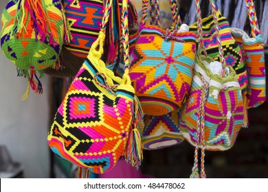 Women fashion accessories, Various items of crocheted bucket-style handbags, Wayuu handcrafted mochilas woolen bags, Colombia - street market / Fashion - Crochet handbags