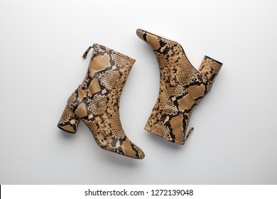 Women' fashionable snake pattern designed leather ankle boots with heel on white background. Flat lay, top view. - Powered by Shutterstock