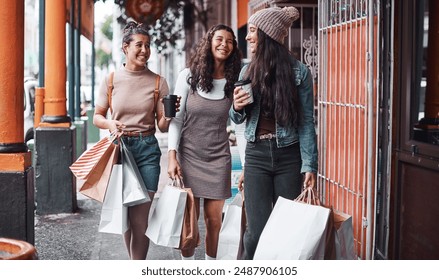 Women, friends and bags for shopping in city with bonding time, fashion discount and outdoor with retail purchase. Gen z people, urban street and girl siblings with boutique product, love and weekend - Powered by Shutterstock