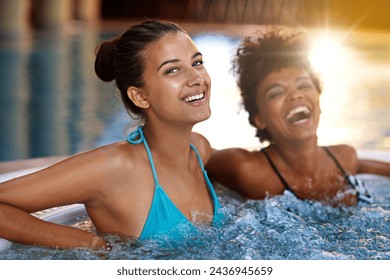 Women, friends and happiness in portrait at spa, self care and pamper day for wellness and healing. Water, bubbles and hot tub for detox and stress relief, friendship date and bonding - Powered by Shutterstock