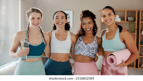 Women, friends and portrait at yoga class with diversity, hug and smile with connection at wellness club. People, girl and group with embrace, excited and happy with solidarity at gym in Brazil - Powered by Shutterstock