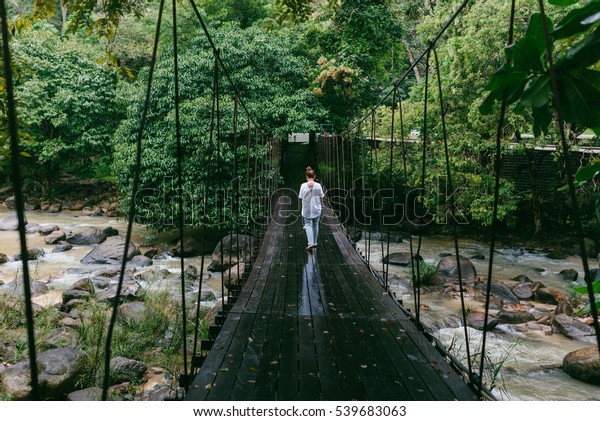 Women goes on\
the rope bridge across the river in the forest after rain, at\
Raksawarin hotspring, Ranong\
,Thailand