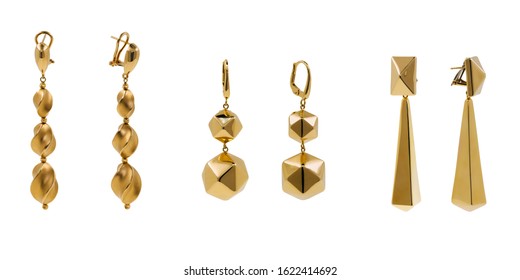 Women Gold Drop Earrings, Dangle Style Set Of Three Pair. High End Jewelry Made From Clean Plain Gold Without Ornaments.