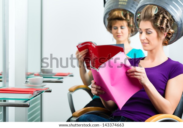 Women Hairdresser Reading Magazine Rag Chitchat Stock Photo Edit