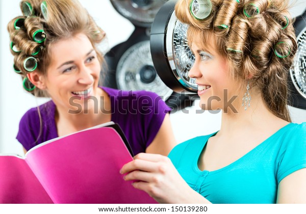 Women Hairdresser Reading Magazine Rag Chitchat Stock Photo Edit