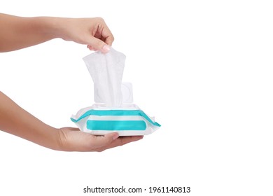 Women Hand Holding Baby Wet Wipes Pack And Pull Out Isolated On White Background